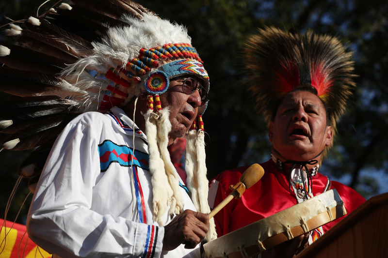 Ralph Zotigh and his son Dennis Zotigh, of the Kiowa, Dakota and Pueblo tribes, sing during a rally against the Dakota Access Pipeline on Sept. 13, 2016, at Lafayette Square in Washington, D.C. Activists held a rally calling on President Barack Obama to stop the Dakota Access Pipeline.Alex Wong/Getty Images